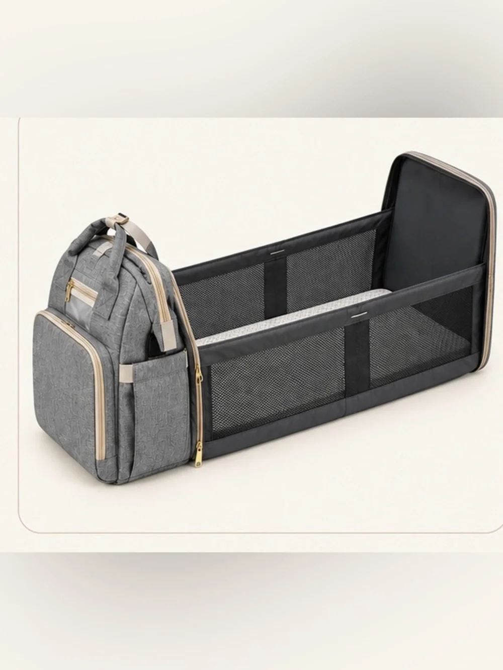 4-in-1 Convertible Diaper Bag Backpack + Portable Baby Bed – Gray